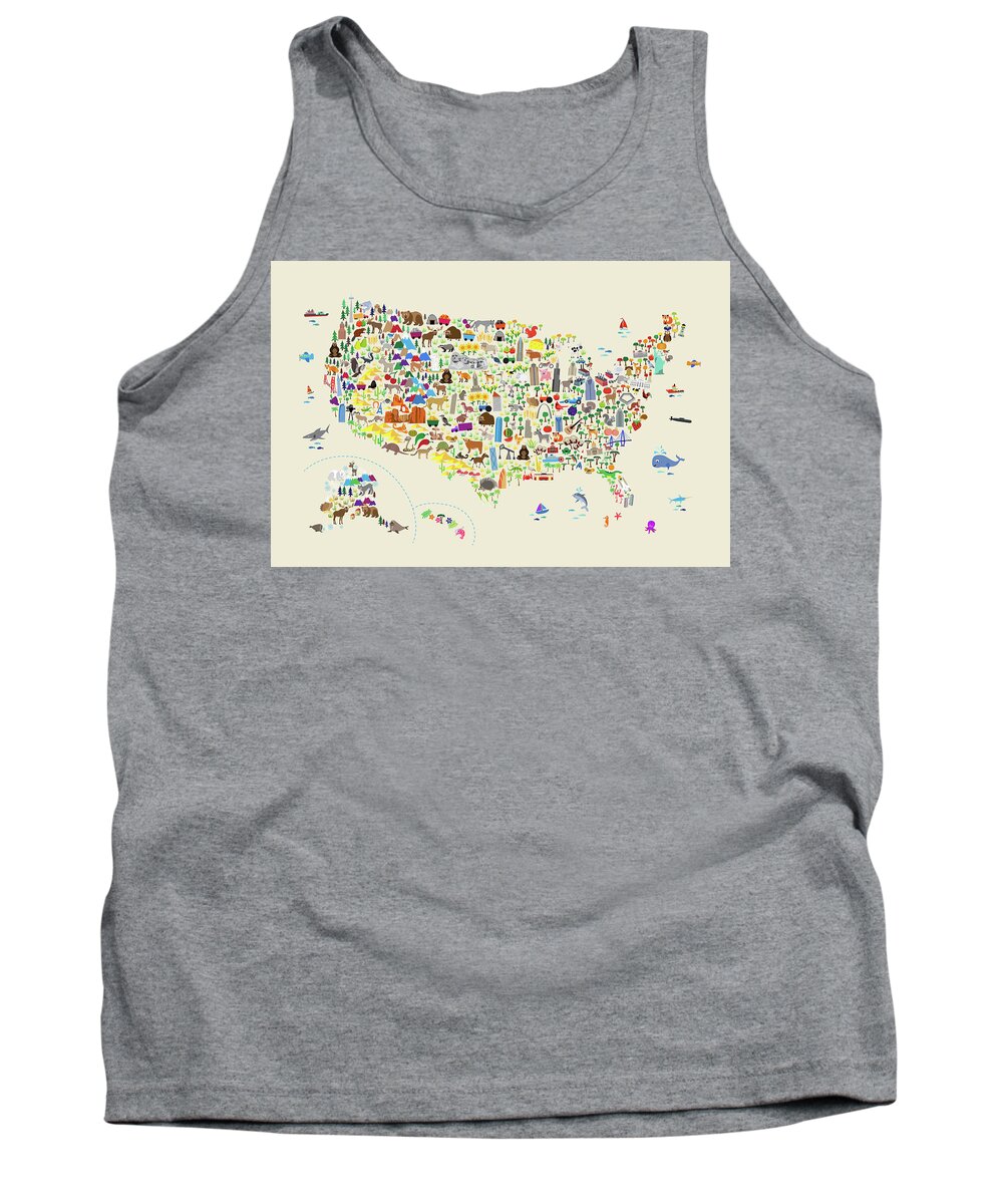 Usa Map Tank Top featuring the digital art Animal Map of United States for children and kids #1 by Michael Tompsett