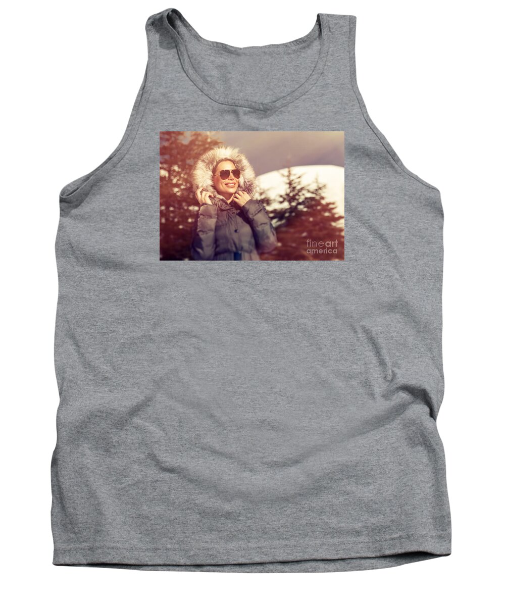 Active Tank Top featuring the photograph Beautiful woman in winter park #1 by Anna Om