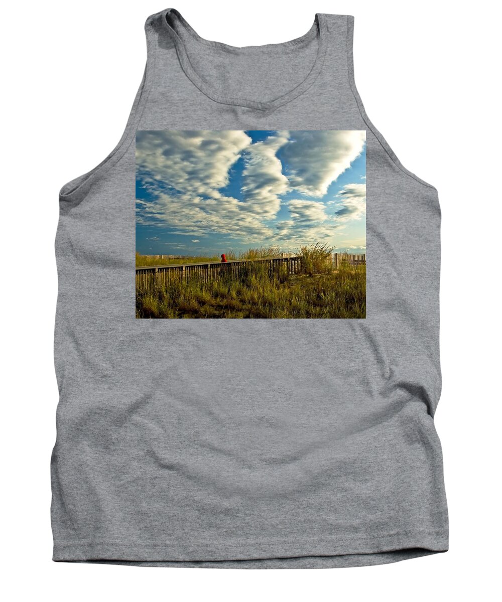 Seascape Tank Top featuring the photograph Dunes with boy in red by Bill Jonscher