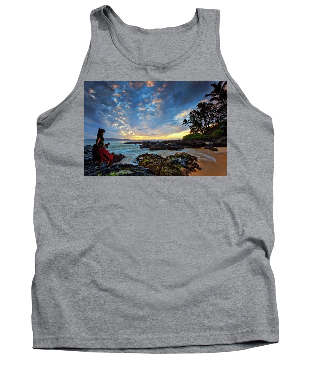 Secret Beach Maui Sunset Hula Dancer Palmtrees Clouds Beach Tank Top featuring the photograph Hula Sunset #1 by James Roemmling