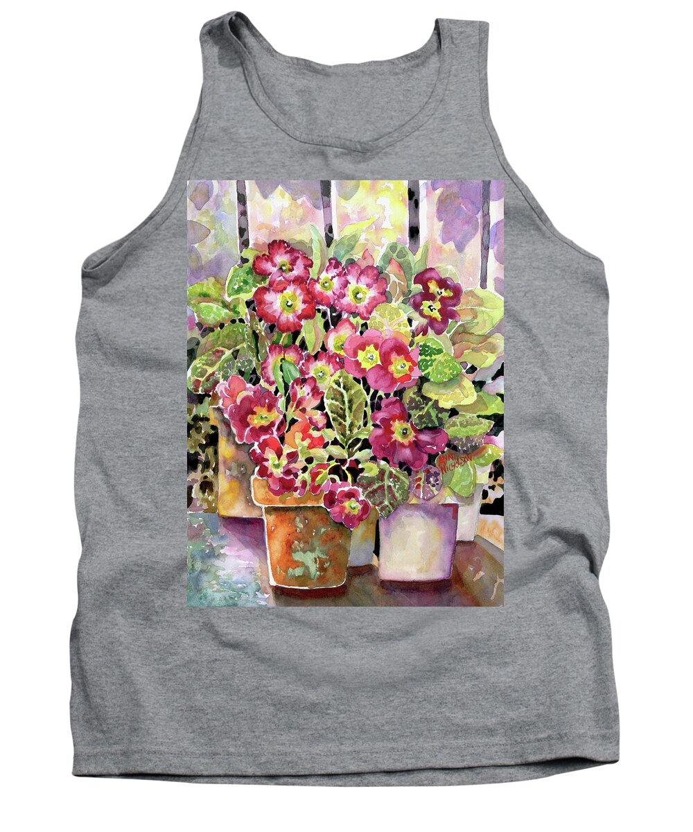 Watercolor Tank Top featuring the painting Primroses In Pots #1 by Ann Nicholson
