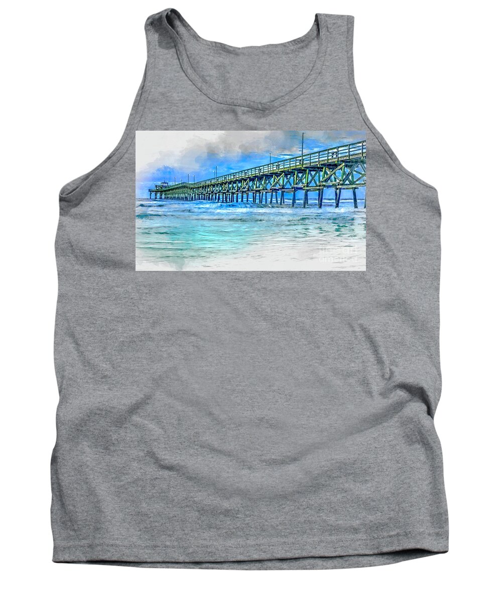 Sea Blue Tank Top featuring the digital art Sea Blue - Cherry Grove Pier #1 by David Smith