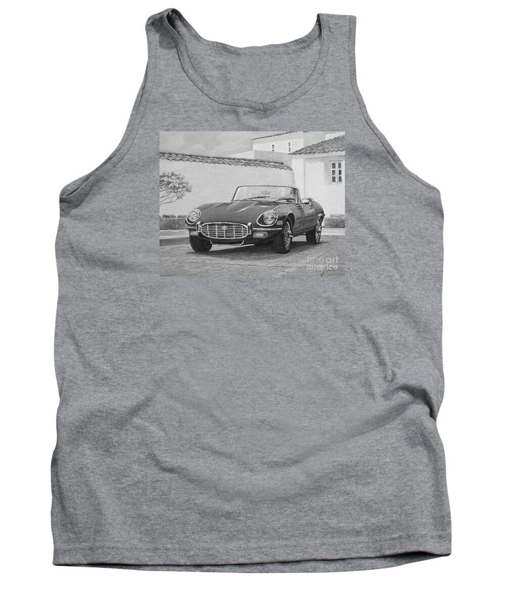 Vintage Tank Top featuring the painting 1961 Jaguar XKE Cabriolet In Black And White by Sinisa Saratlic