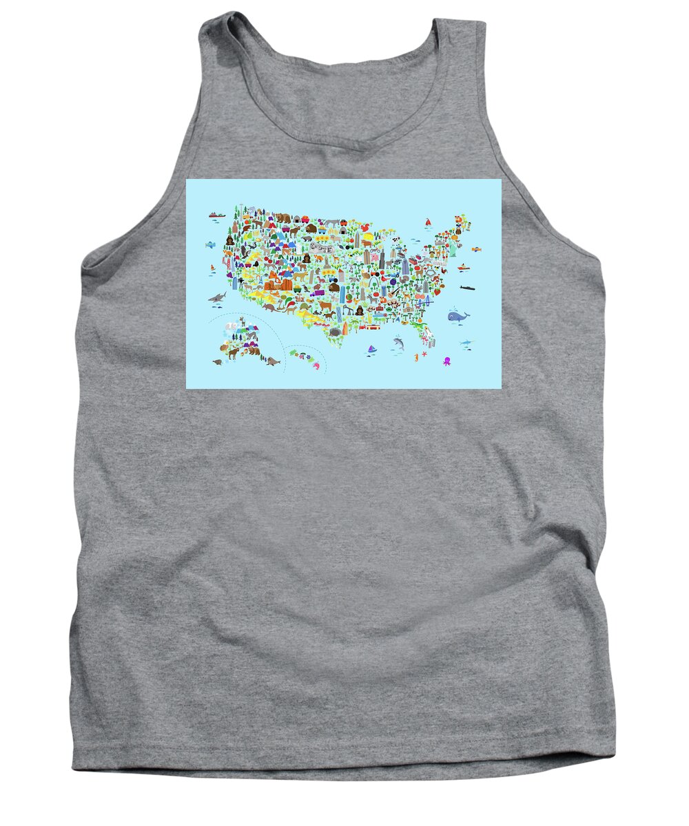 Usa Map Tank Top featuring the digital art Animal Map of United States for children and kids #2 by Michael Tompsett