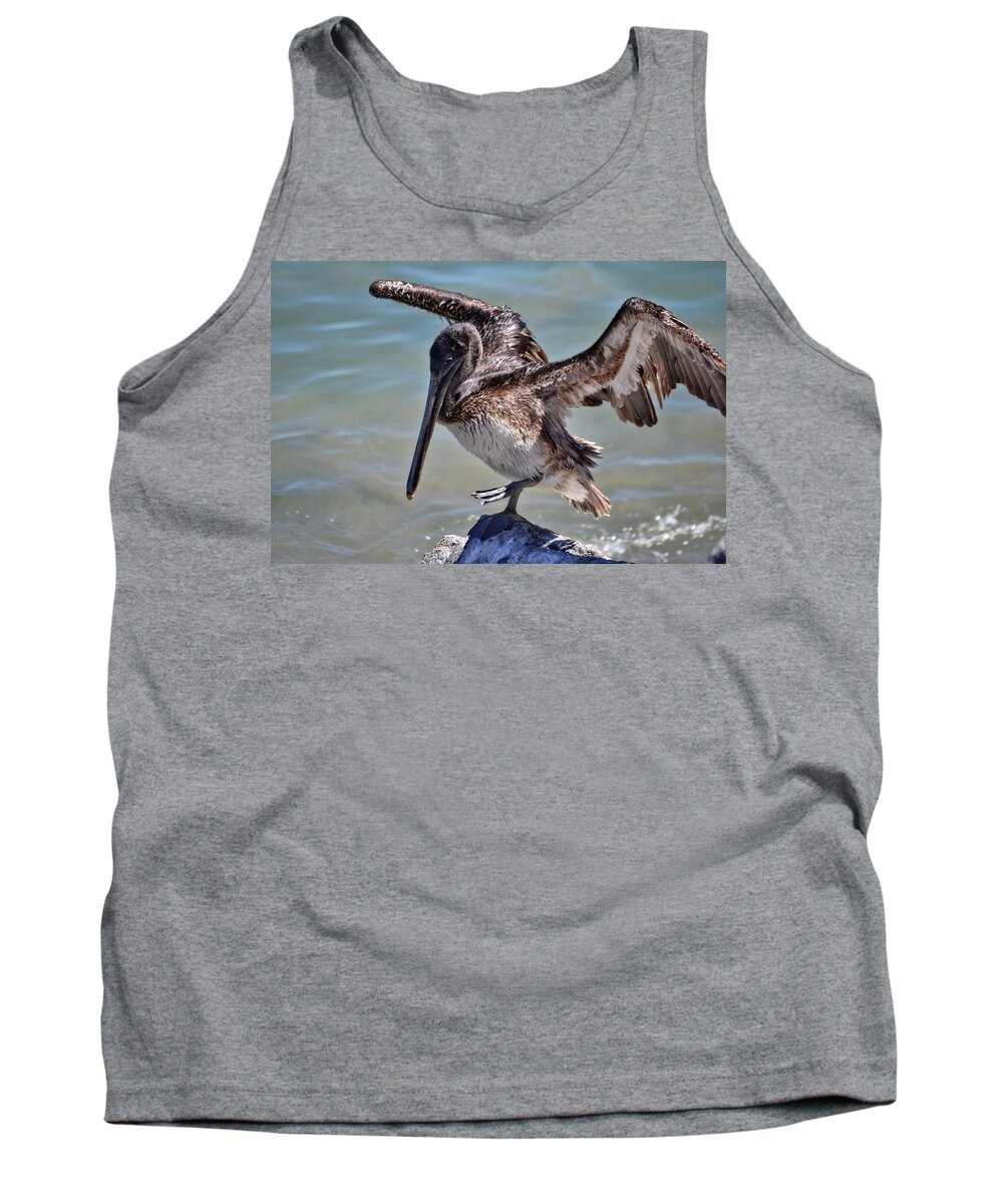 Pelican Tank Top featuring the photograph A Pelican Practising A Karate Kick like Daniel In The Karate Kid by Anthony Murphy