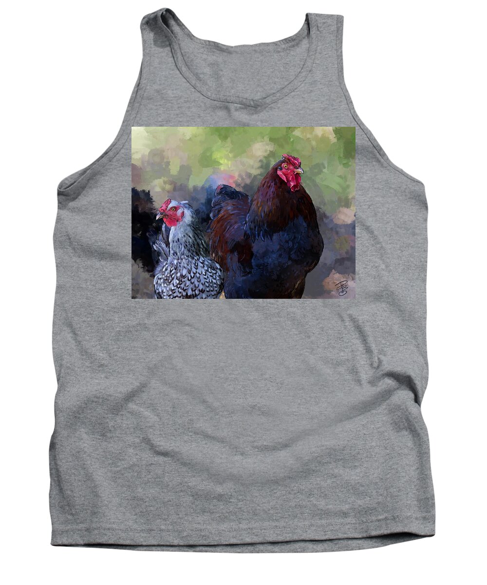 Agriculture Tank Top featuring the digital art A rooster and a hen by Debra Baldwin