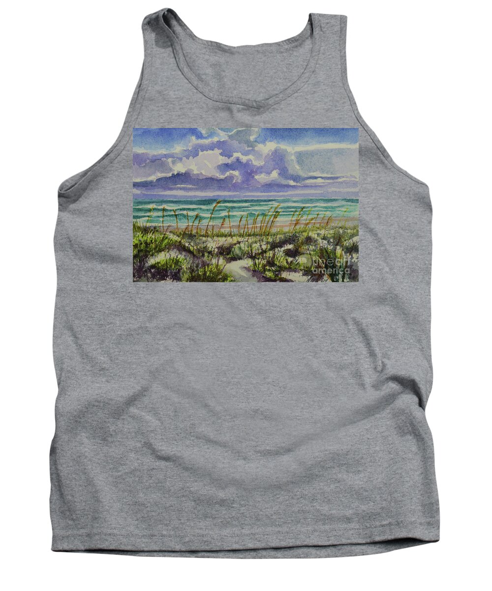 Watercolor Beach Scenes Paintings Tank Top featuring the painting A sunny beautiful day at the beach by Julianne Felton