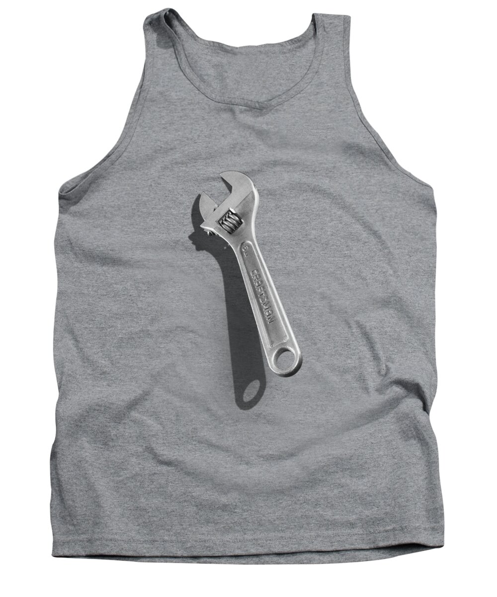 Black Tank Top featuring the photograph Adjustable Wrench over Wood 72 in Black and White by YoPedro