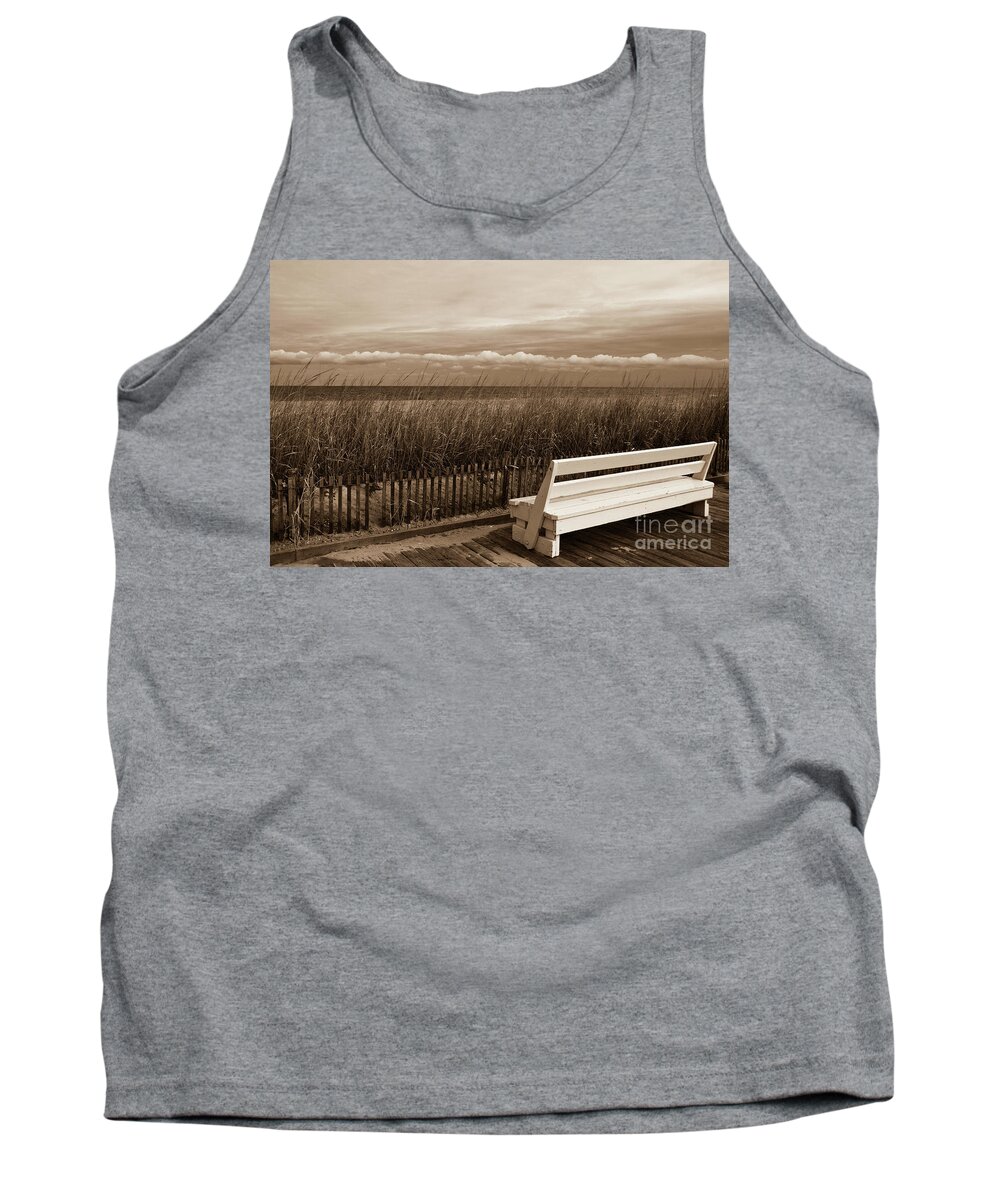 Boardwalk Tank Top featuring the photograph Aged View Sepia Boardwalk / Coastal Landscape Photograph by PIPA Fine Art - Simply Solid