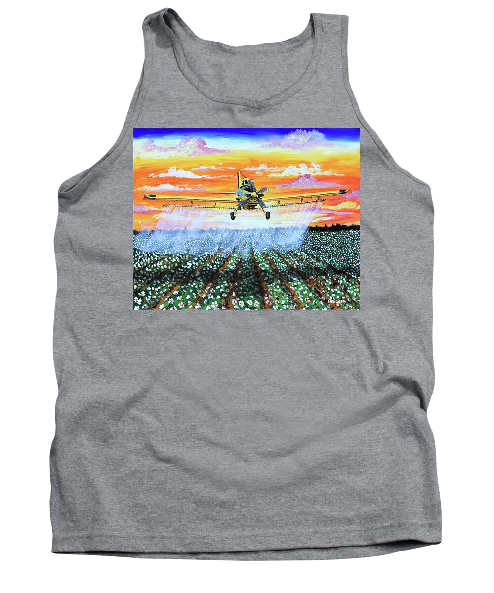 Air Tractor Tank Top featuring the painting Air Tractor at Sunset Over Cotton by Karl Wagner