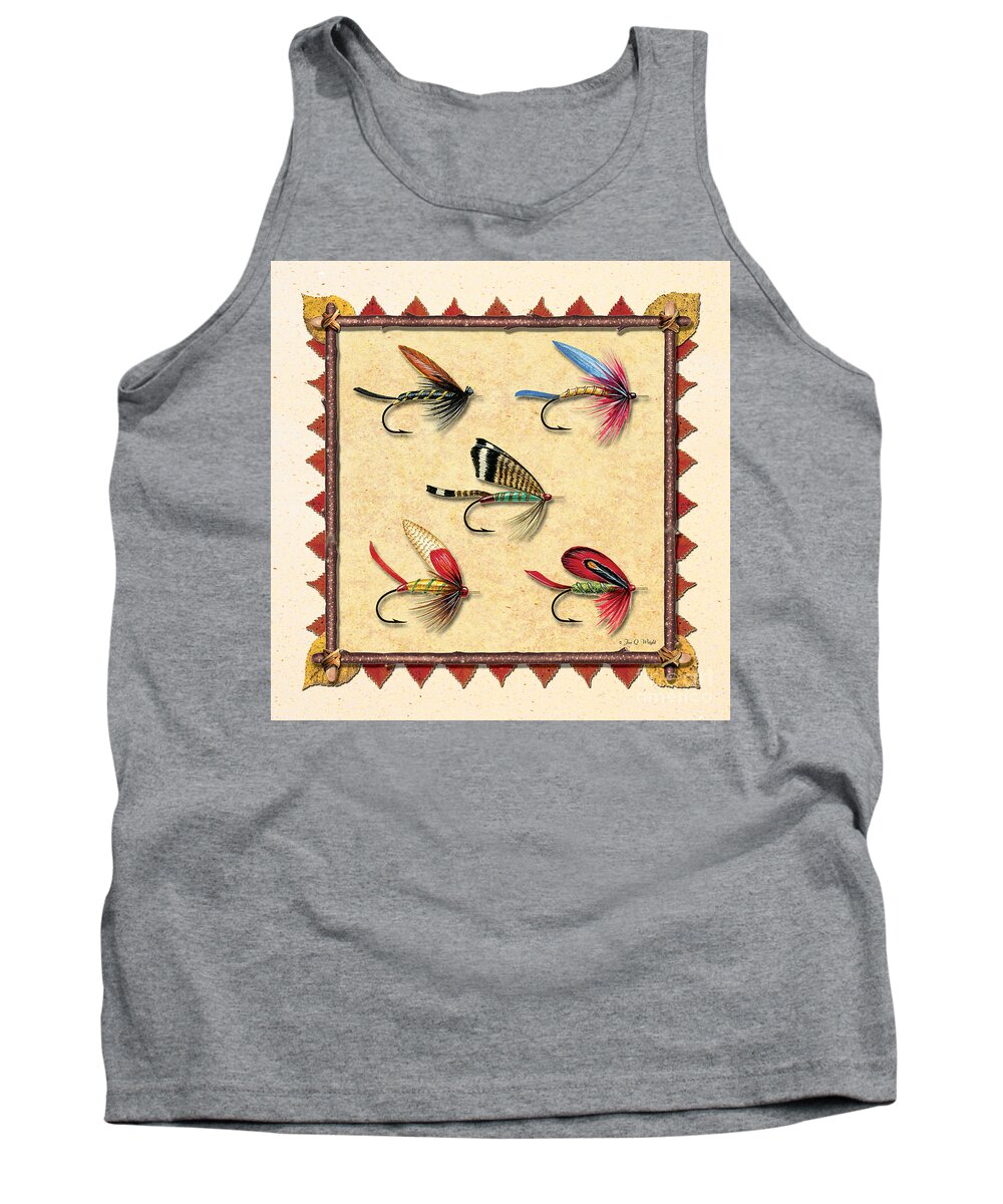 Jon Q Wright Jq Licensing Trout Fly Flyfishing Brown Trout Rainbow Trout Brook Trout Cutthroat Trout Fishing Lodge Cabin Tank Top featuring the painting Antique Fly Panel Creme by JQ Licensing