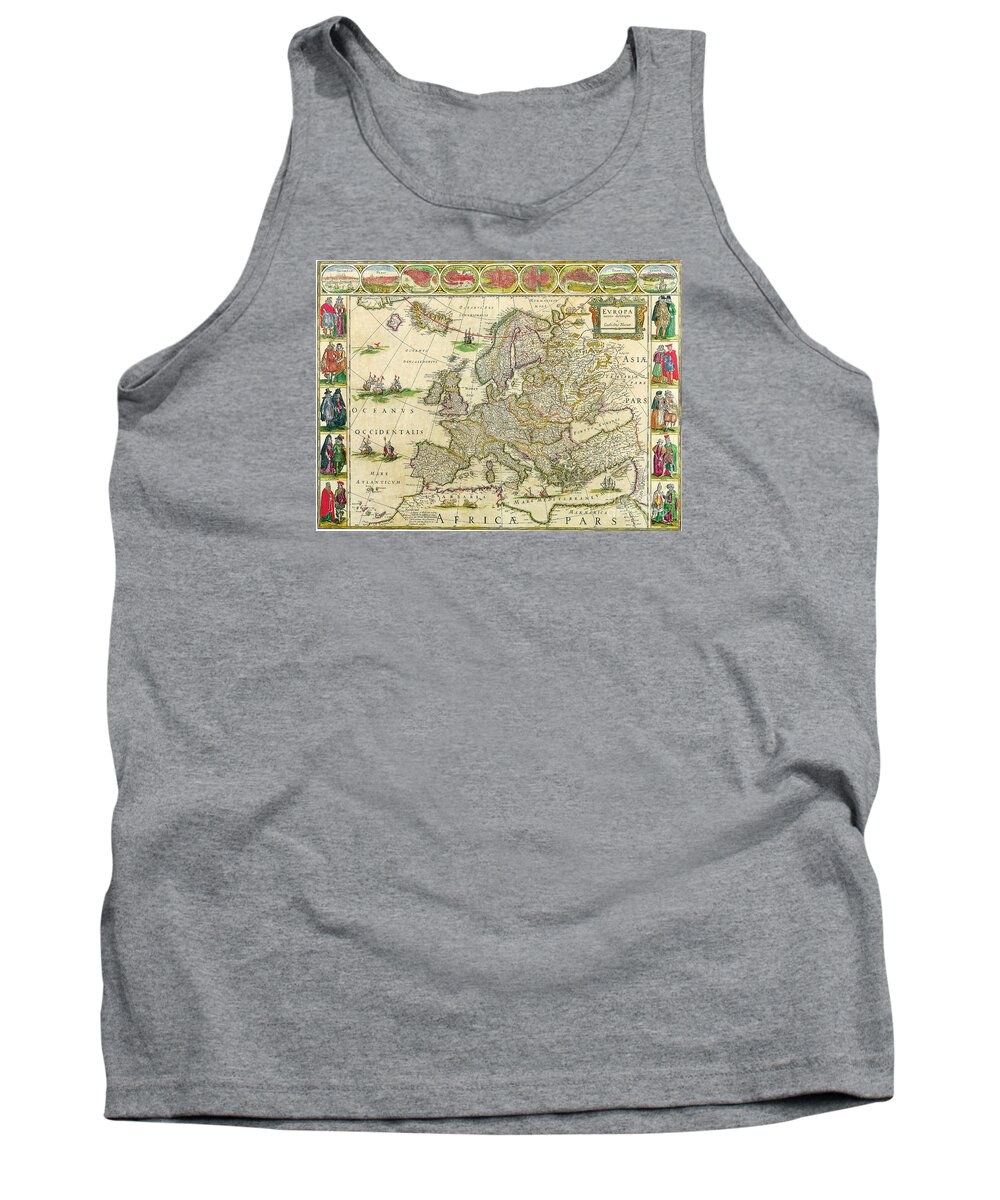 Antique Tank Top featuring the painting Antique Maps of the World Map of Europe Willem Blaeu c 1650 by Vintage Collectables