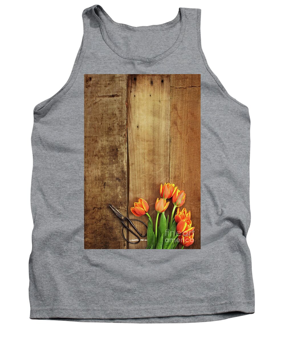 Tulips Tank Top featuring the photograph Antique Scissors and Tulips by Stephanie Frey