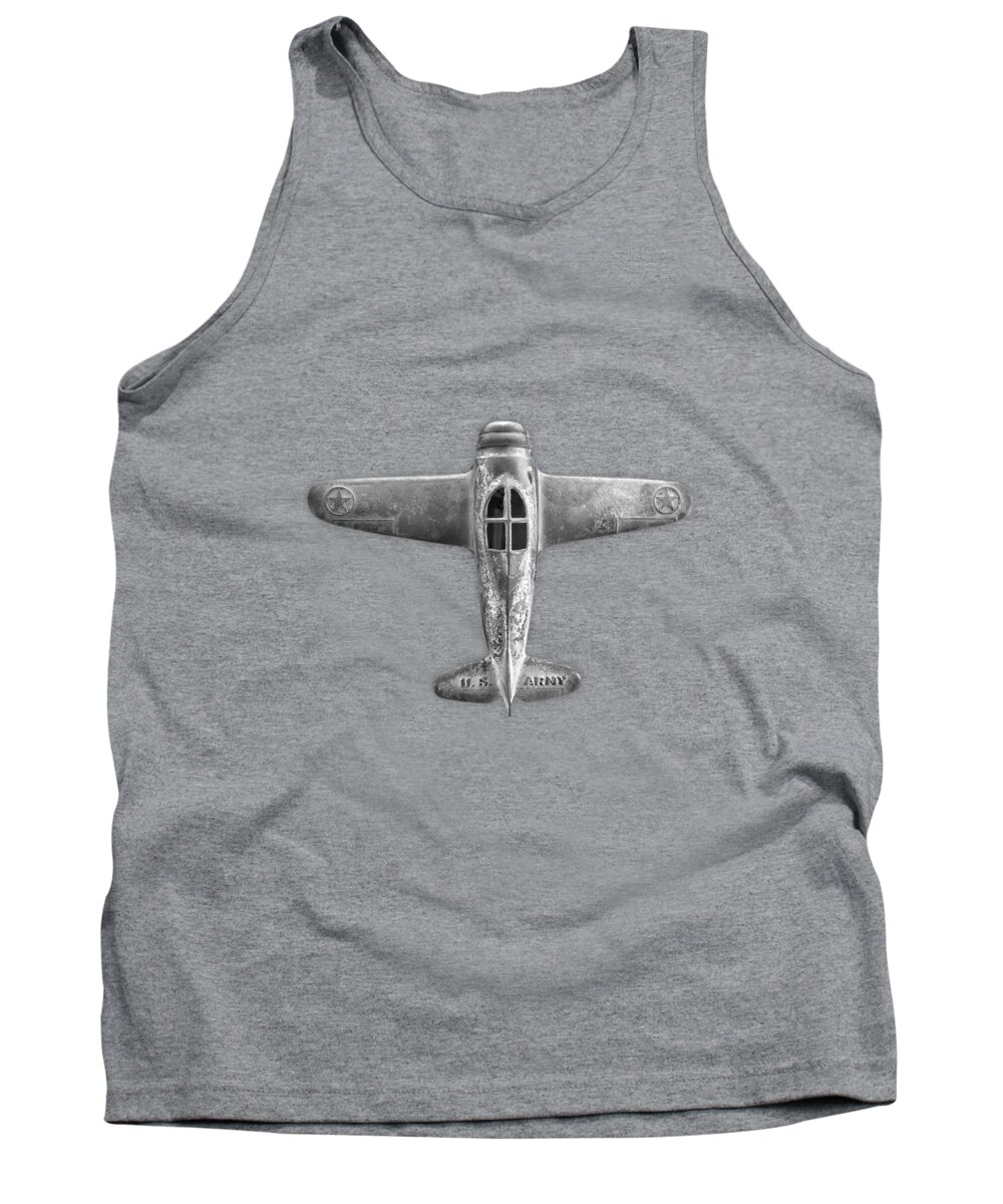Antique Toy Tank Top featuring the photograph Antique Toy Airplane Floating On White in Black and White by YoPedro