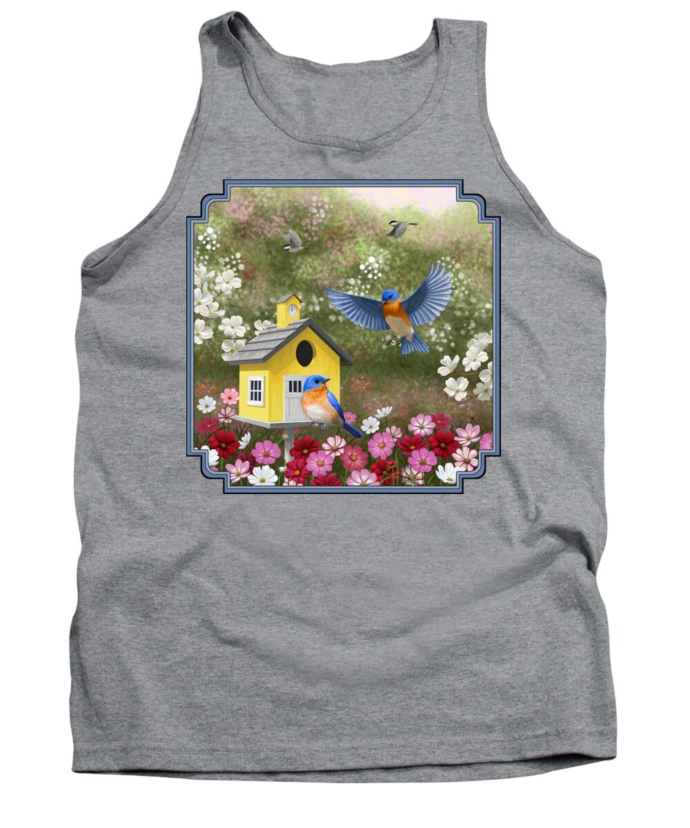 Wild Birds Tank Top featuring the painting Bluebirds and Yellow Birdhouse by Crista Forest