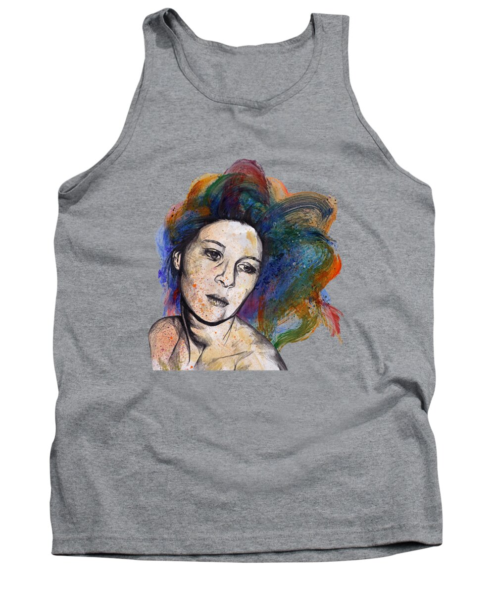 Rainbow Tank Top featuring the drawing Crystal - street art female portrait with rainbow hair by Marco Paludet