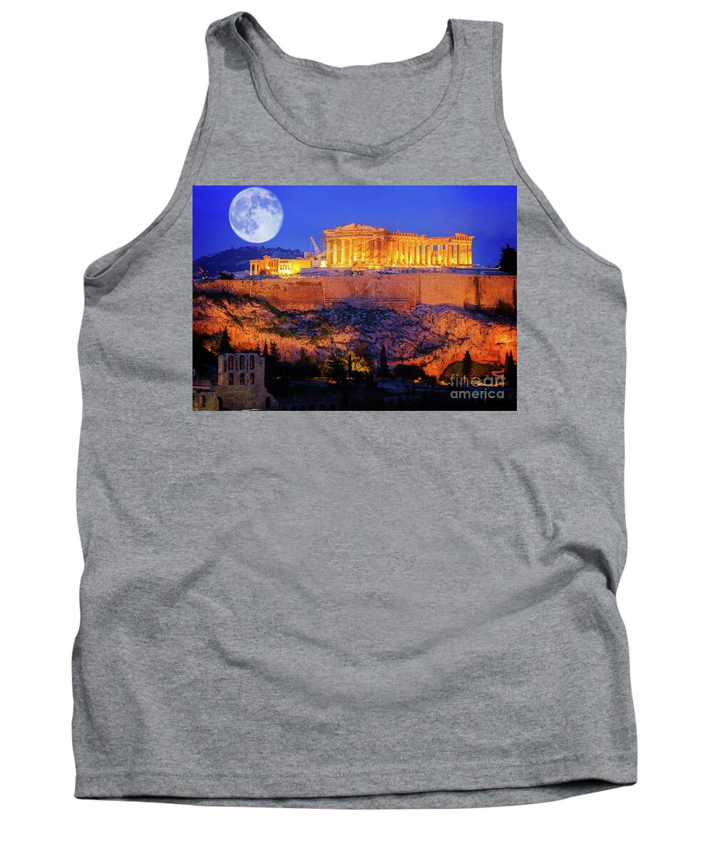 Athens Tank Top featuring the photograph Athens and the Moon by Anastasy Yarmolovich