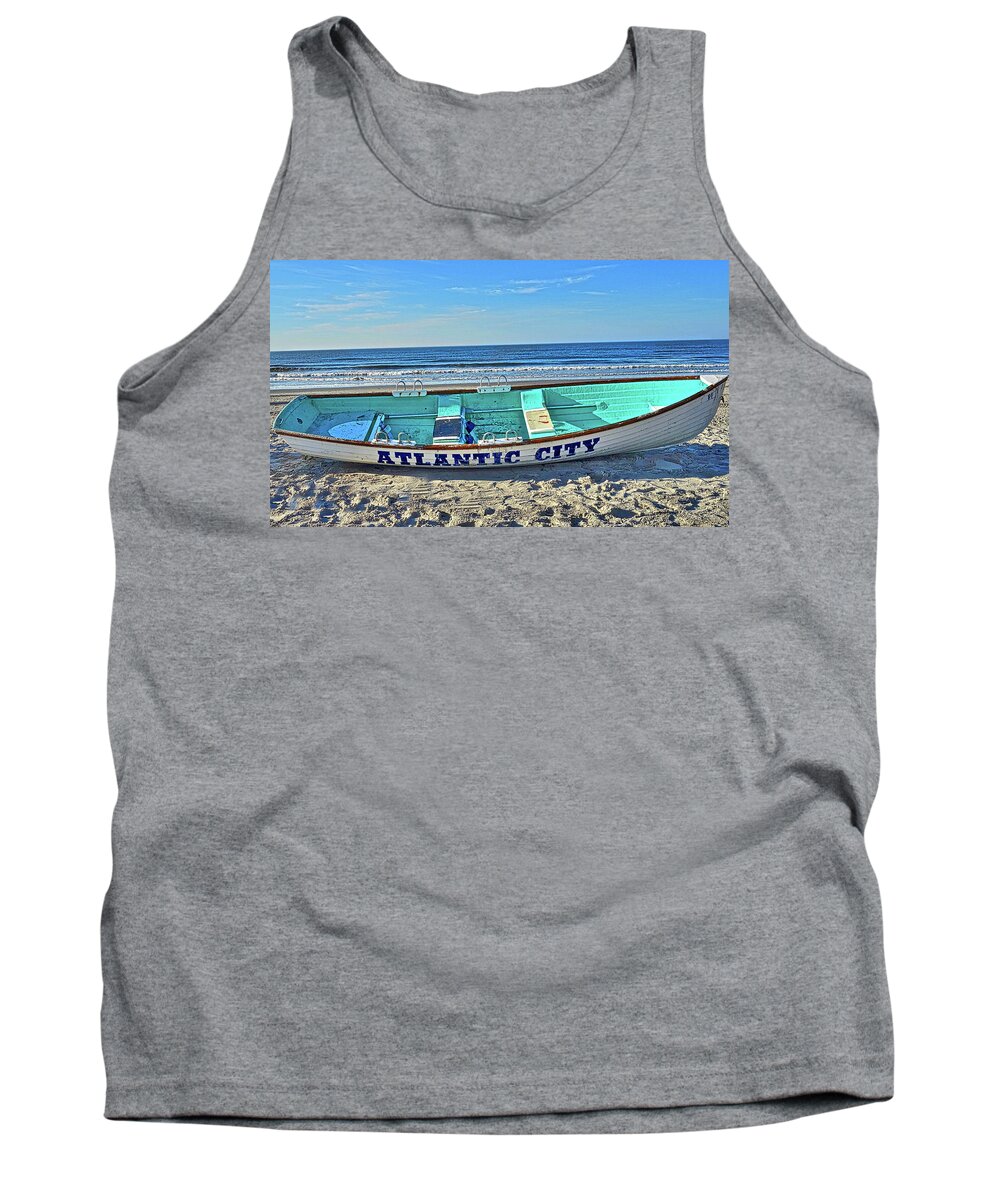 Atlantic City New Jersey Lifeguard Rescue Rowboat Tank Top featuring the photograph Atlantic City Rowboat by Joan Reese