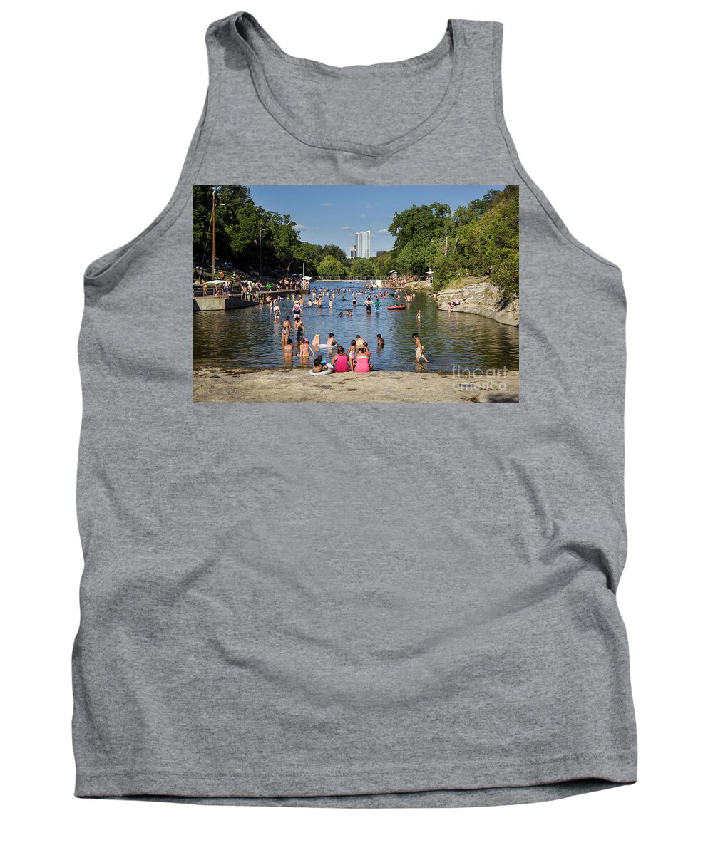 Barton Springs Pool Tank Top featuring the photograph Austinites love to lounge in the refreshing waters of Barton Spr by Dan Herron