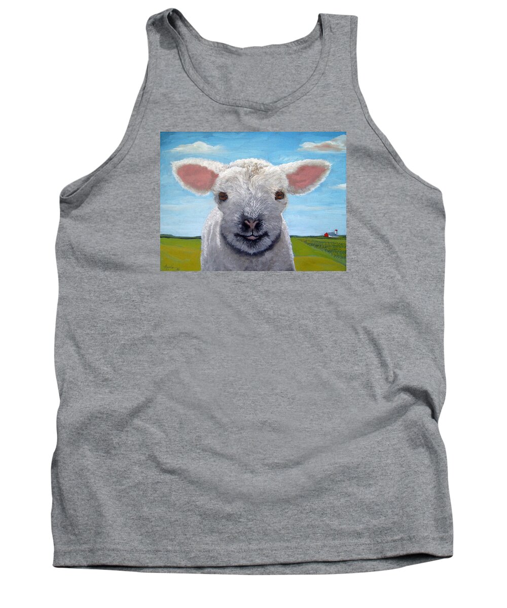 Lamb Tank Top featuring the painting Baby farm lamb sheep by Linda Apple