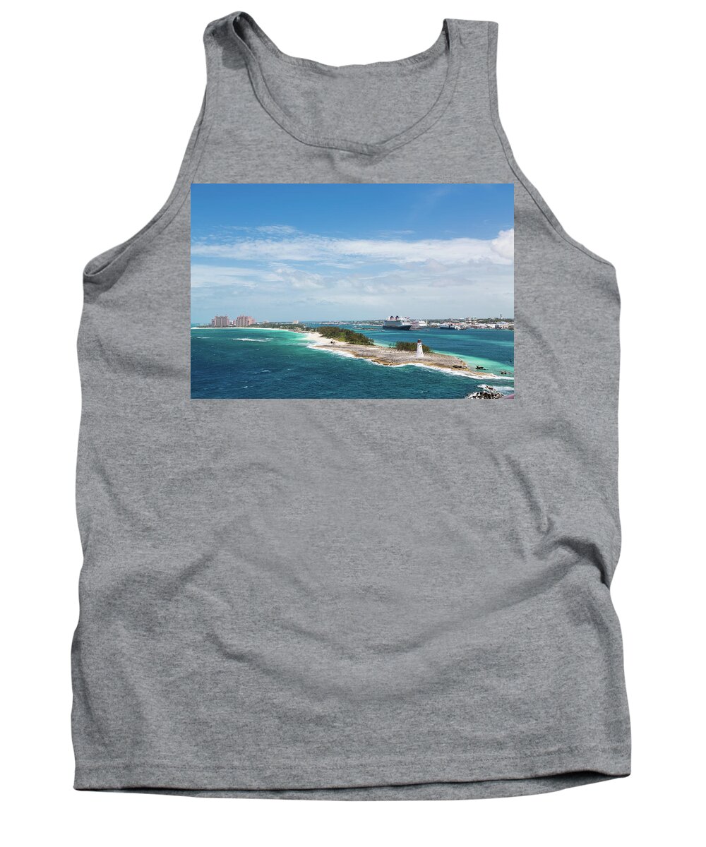 Architecture Tank Top featuring the photograph Bahamas Lighthouse with Nassau and Resort in Background by Darryl Brooks