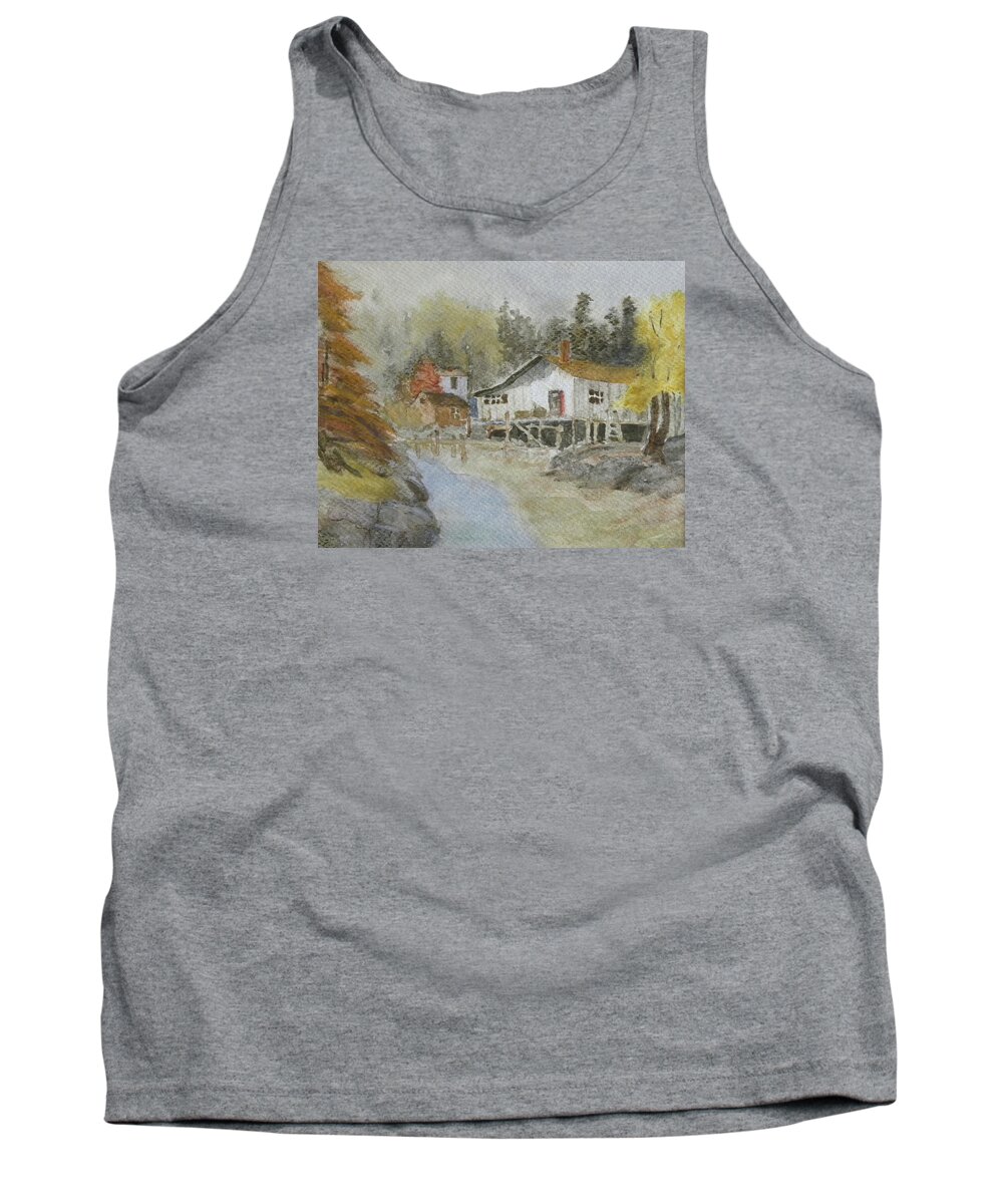 Landscape Water Color Ocean Harbor Houses Woods Tank Top featuring the painting Bass Harbor Retreat by Scott W White