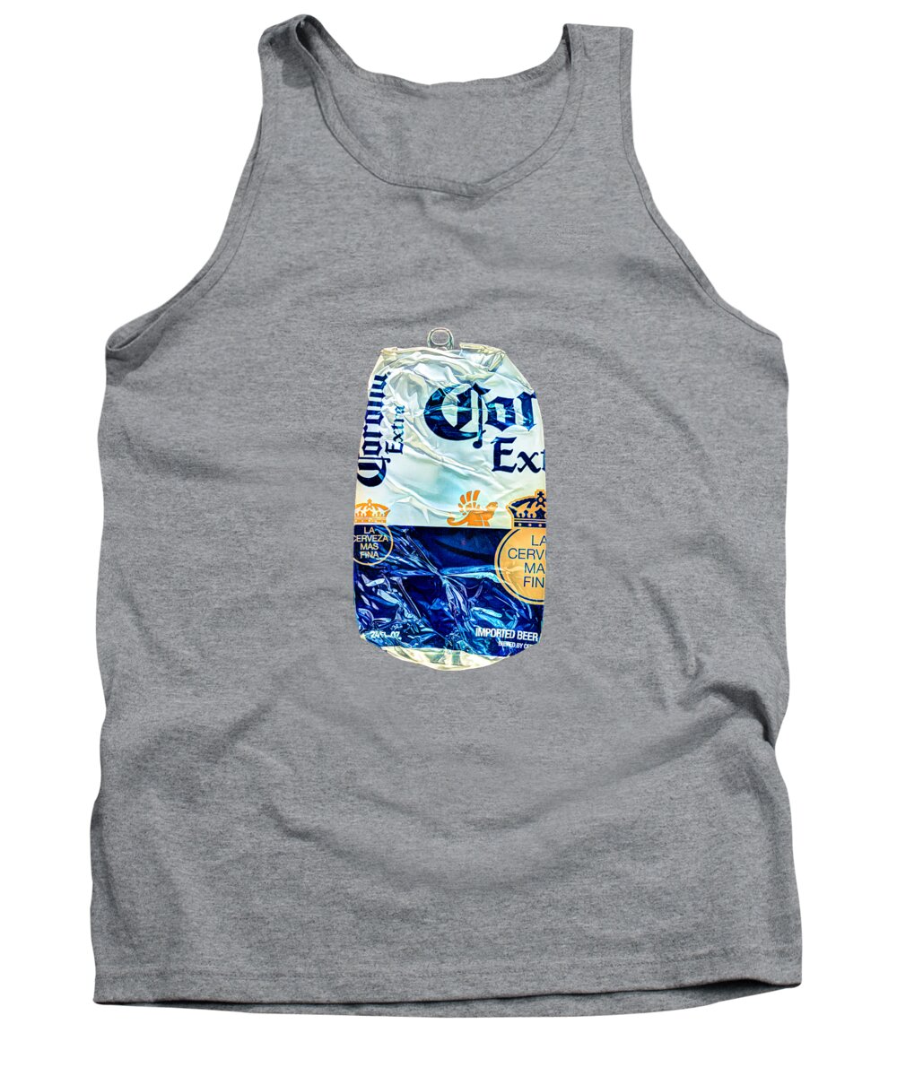 Beer Can Tank Top featuring the photograph Beer Can Extra Blue Crushed on BW Plywood 81 by YoPedro