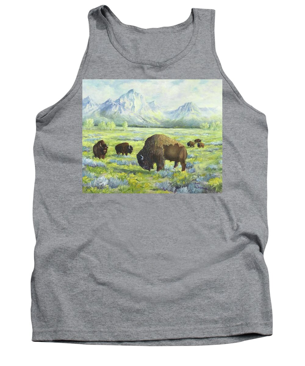 Tetons Tank Top featuring the painting Bison of Yellowstone by ML McCormick