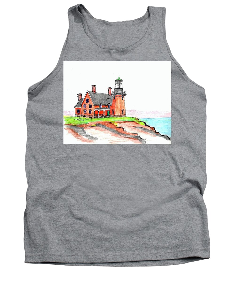 New England Lighthouses Tank Top featuring the mixed media Block Island South Lighthouse by Paul Meinerth