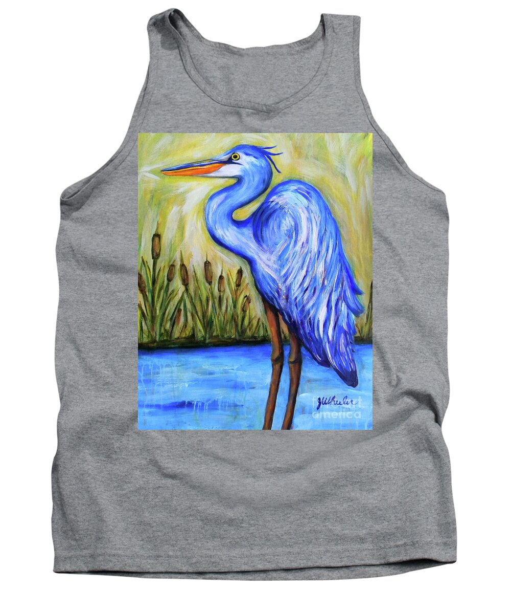 Great Blue Heron Tank Top featuring the painting Blue Bayou by JoAnn Wheeler