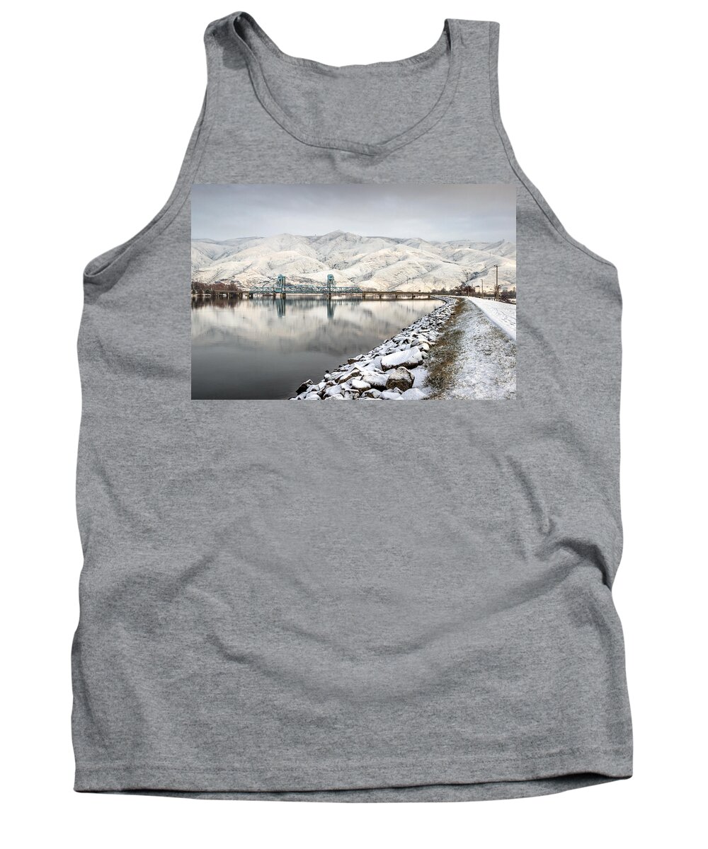 Lewiston Idaho Id Clarkston Washington Wa Lc-valley Lc Valley Pacific Northwest Palouse Confluence Snake River Clearwater Blue Interstate Bridge Draw Path Snow Winter Rocks White Cold Hill Mountain Calm Serene Bick Walk Reflection Tank Top featuring the photograph Blue Bridge in the Winter by Brad Stinson
