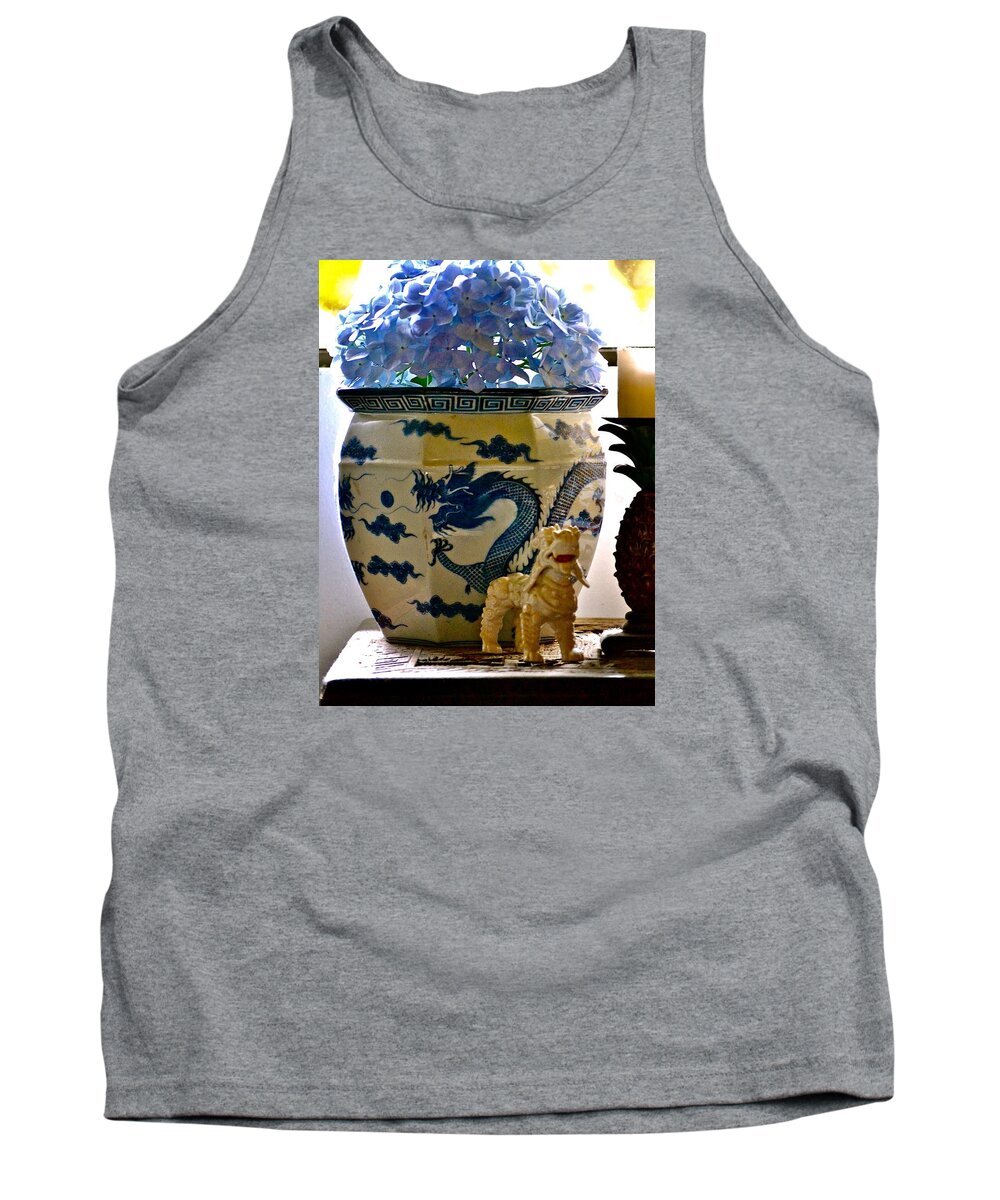 Hawaii Tank Top featuring the photograph Blue Dragon and Hydrangeas by Lehua Pekelo-Stearns