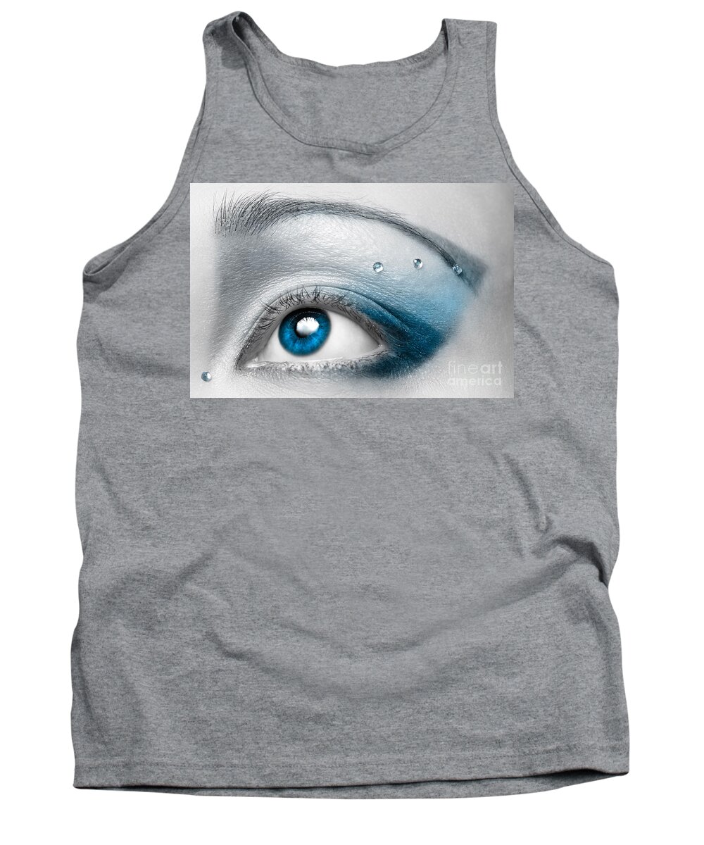 Eye Tank Top featuring the photograph Blue Female Eye Macro with Artistic Make-up by Maxim Images Exquisite Prints
