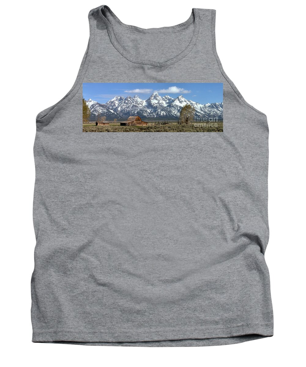 Moulton Barn Panorama Tank Top featuring the photograph Blue Spring Skies Over Mormon Row by Adam Jewell