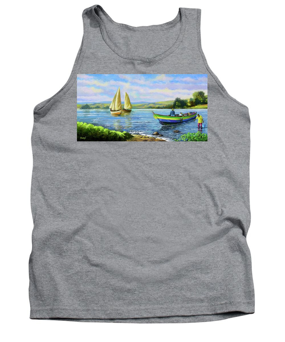 Lake Victoria Tank Top featuring the painting Boats at Lake Victoria by Anthony Mwangi