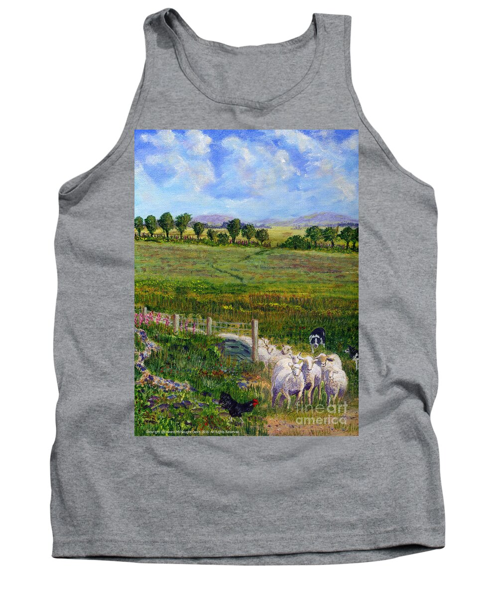 Border Collie Dogs Driving Sheep Through Welsh Farmland Gate Tank Top featuring the painting Border Collie Dogs Driving Sheep through Welsh Farmland Gate by Edward McNaught-Davis