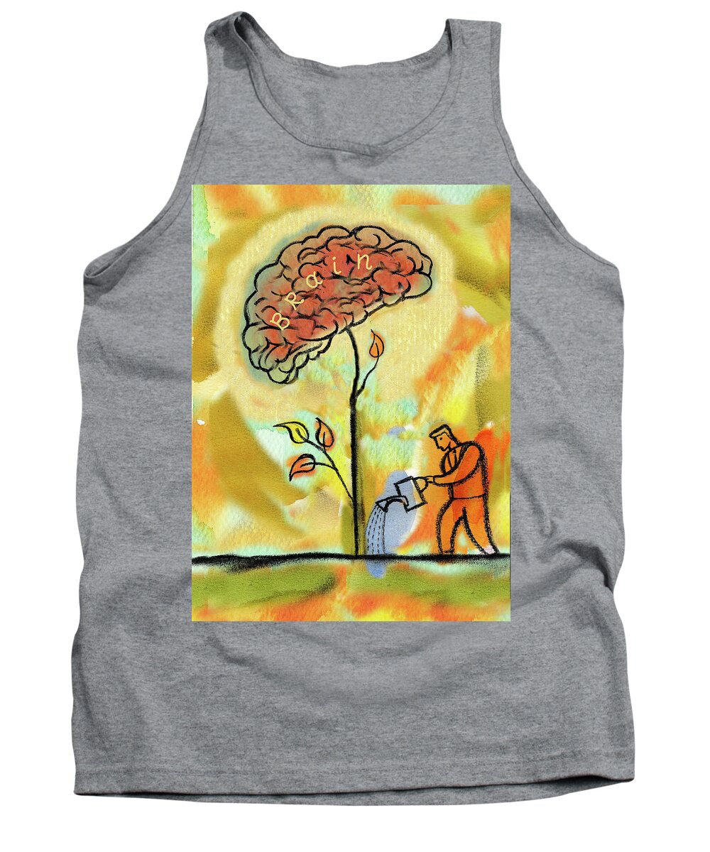  Achievement Ambition Aspiration Brain Care Color Image Concept Creativity Cultivating Day Dedication Determination Development Education Effort Expansion Full Length Goal Growing Growth Holding Illustration Illustration And Painting Improving Initiative Intelligence Knowledge Learning Man Mid Adult Nature Nurture One Mid Adult Man Only One Person Outdoors People Possibility Potential Responsibility Self-improvement Tank Top featuring the painting Brain Care by Leon Zernitsky