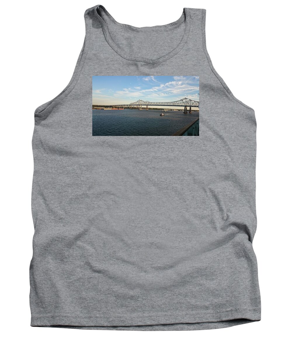 Bridge In New Orleans. Bridge Over Water. Bride. Water. Louisiana. Nola. Boat. River. Cruise. Mississippi River. Tank Top featuring the photograph Bridge in New Orleans by Shelby Boyle