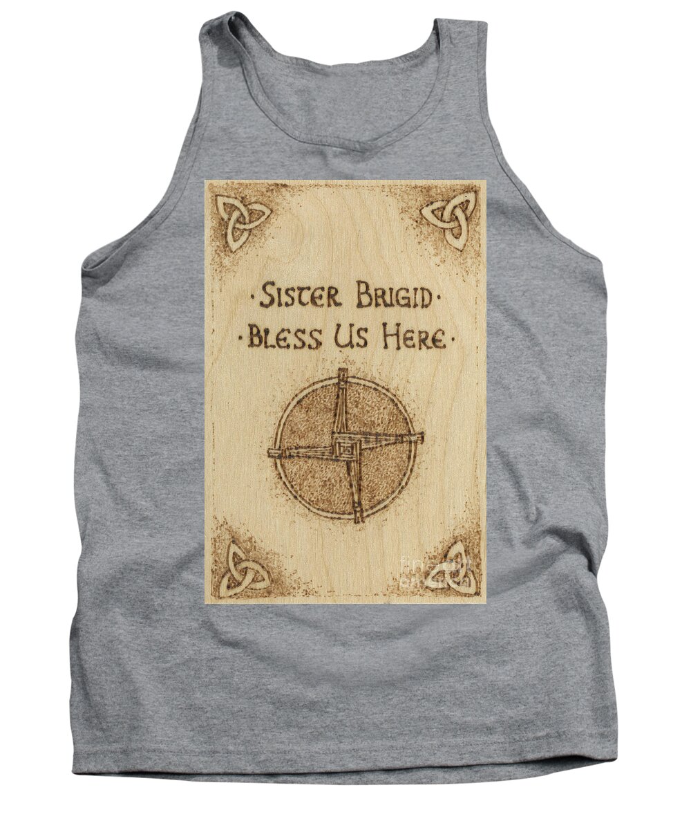 Brigid Tank Top featuring the pyrography Brigid's Cross Blessing Woodburned Plaque by Brandy Woods