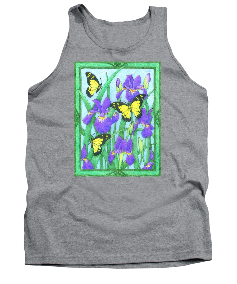 Nature Tank Top featuring the drawing Butterfly Idyll-Irises by Alison Stein