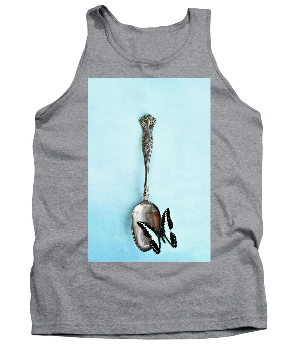 Antique Tank Top featuring the photograph Butterfly Resting on Antique Spoon by Stephanie Frey