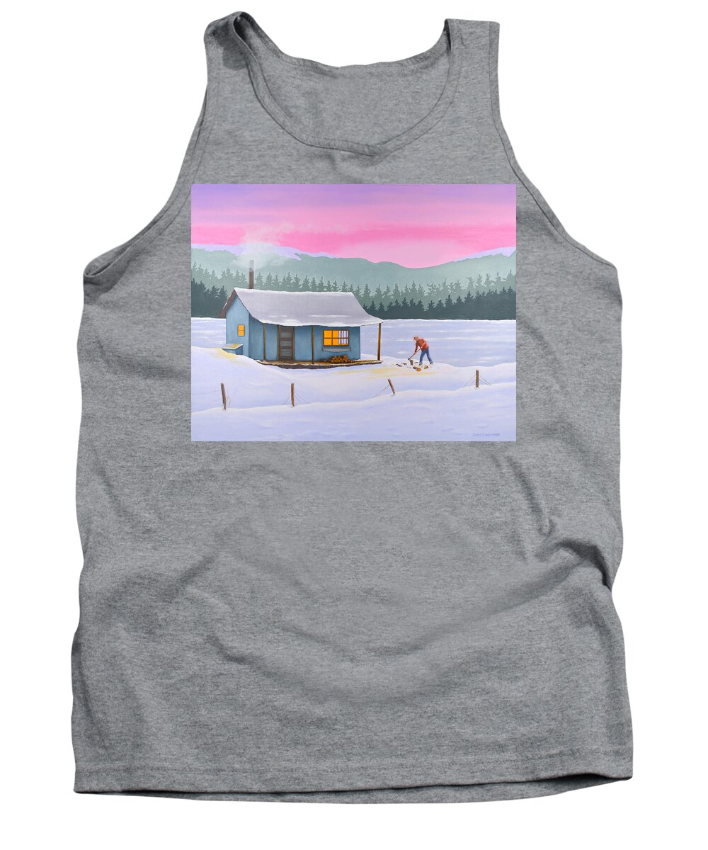 Cabin Lake Wolves Chopping Wood Cold Warm Winter Sunset Aurora Snow Snowdrift Tank Top featuring the painting Cabin on a frozen lake by Gary Giacomelli