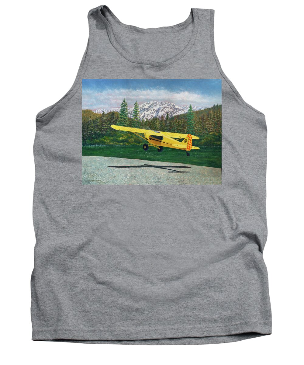 Aviation Tank Top featuring the painting Carbon Cub Riverbank Takeoff by Douglas Castleman