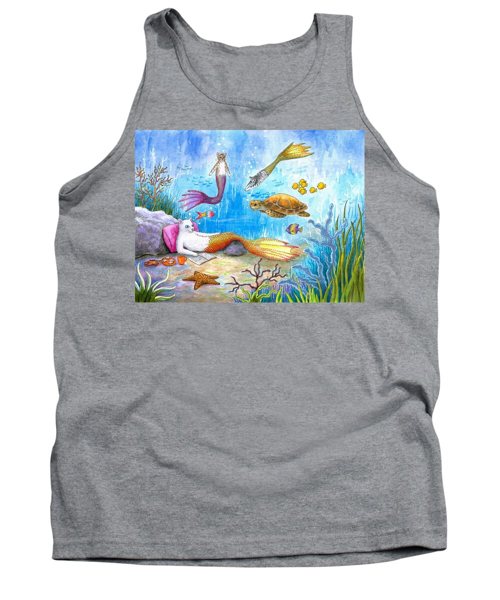Cat Tank Top featuring the painting Cat Mermaid 31 by Lucie Dumas