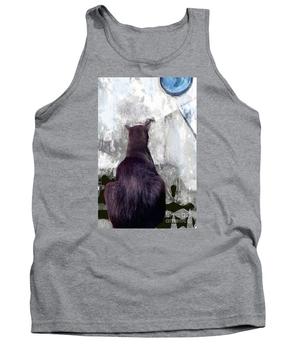 Cat Tank Top featuring the mixed media Cat's Blue Moon by Zsanan Studio