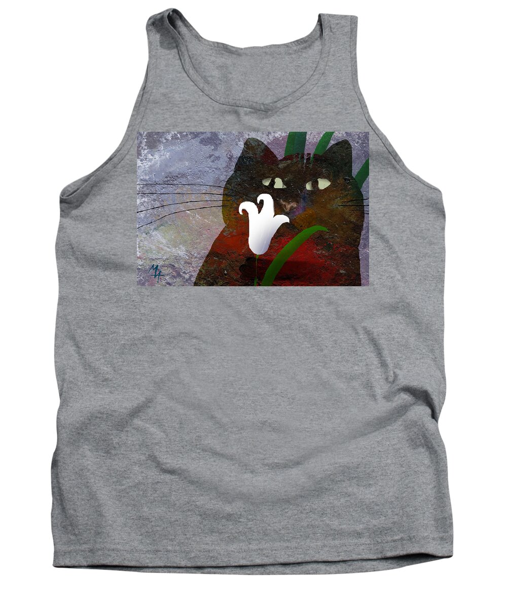 Cat Tank Top featuring the painting Cat with Lily by Attila Meszlenyi