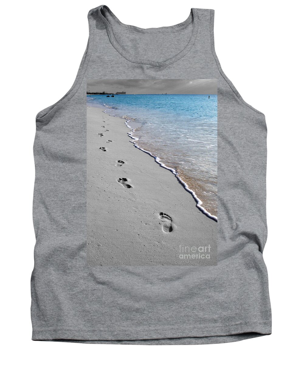 Grand Cayman Tank Top featuring the digital art Cayman Footprints Color Splash Black and White by Shawn O'Brien