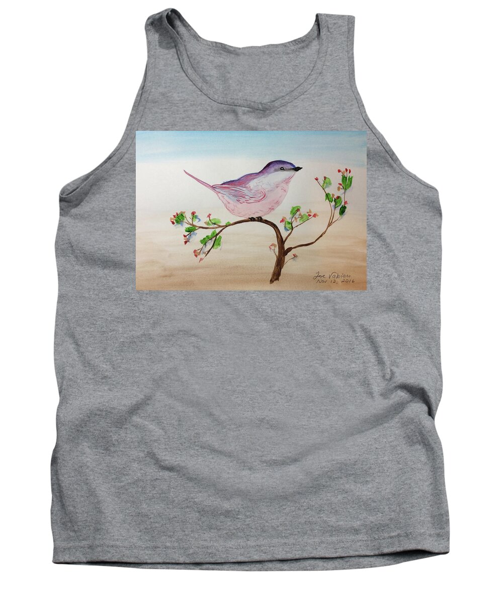 Watercolor Tank Top featuring the painting Chickadee standing on a branch looking by Martin Valeriano
