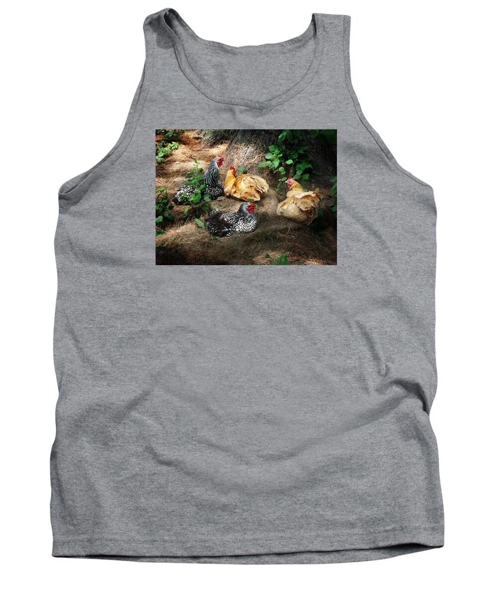 Chicken Dust Bath Party Tank Top featuring the photograph Chicken Dust Bath party by Joy Nichols