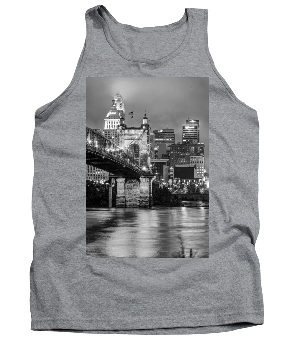 America Tank Top featuring the photograph Cincinnati Ohio Skyline and Bridge - Black and White by Gregory Ballos